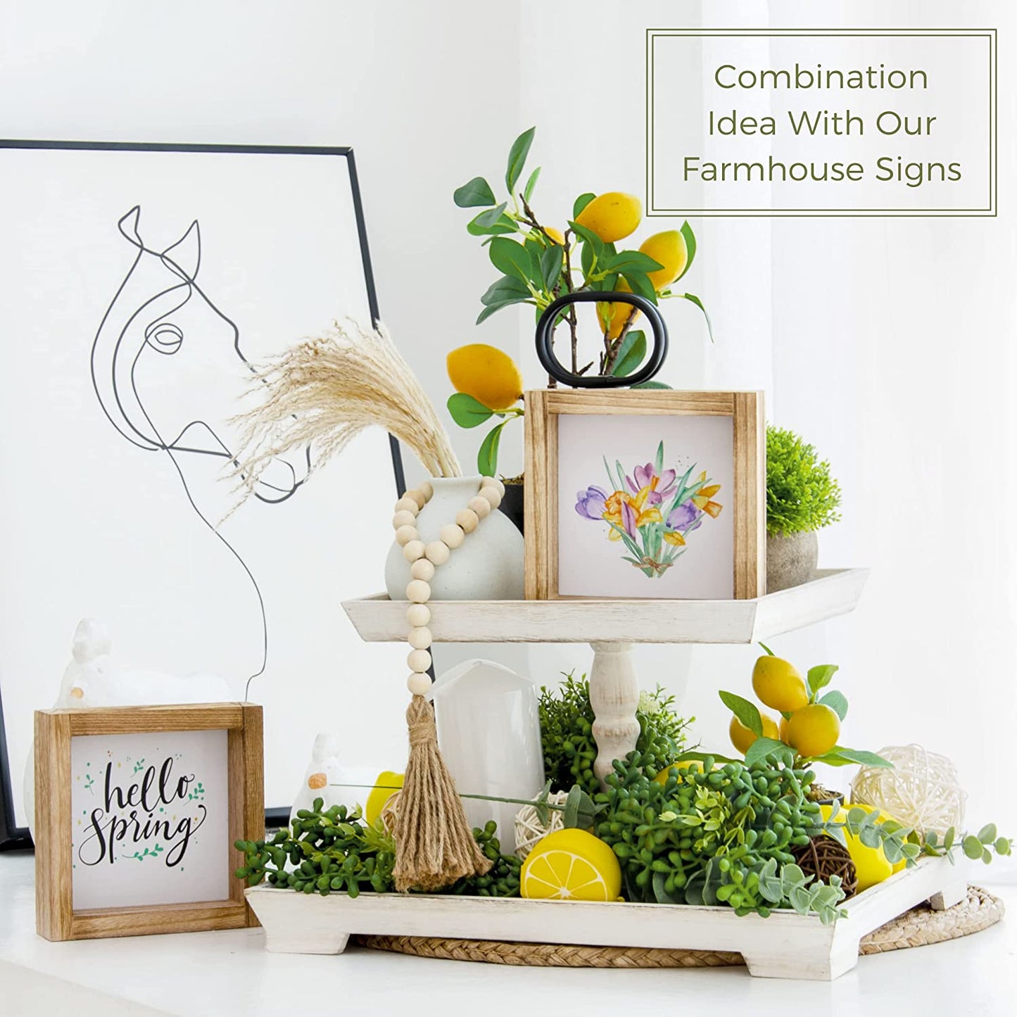 Wooden Tiered Tray Stand, 2 Tier Tray with 58'' Wood Beads Garland