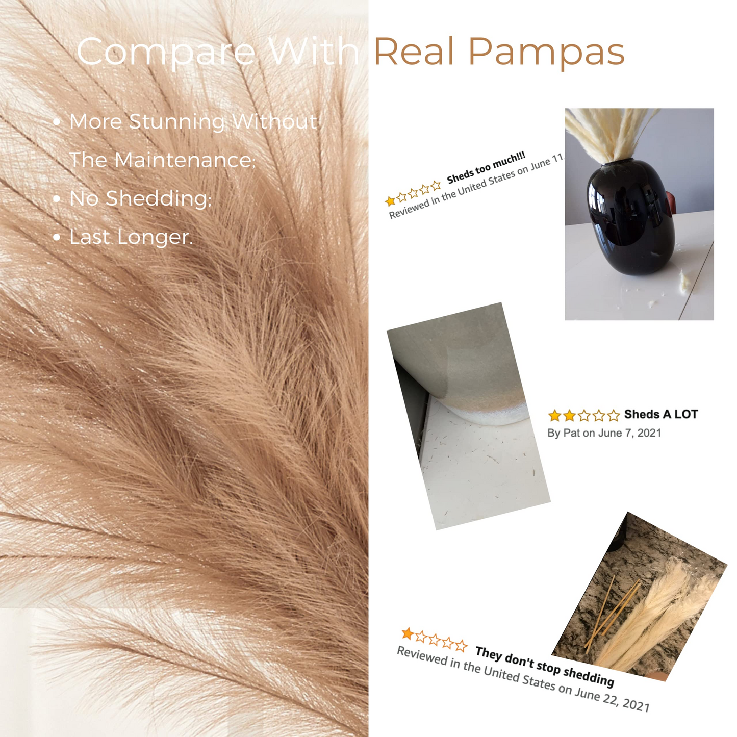 Large Faux Pampas Grass, 3 Pcs, 43'', Coffee Brown