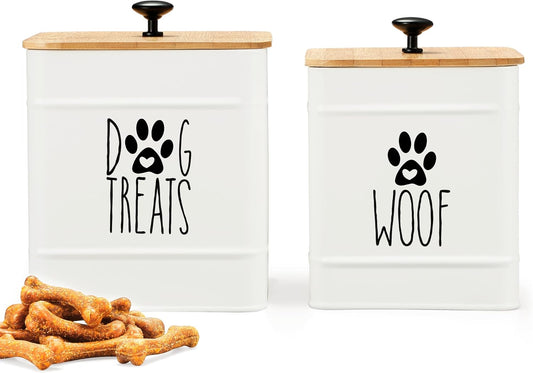 PERFNIQUE Dog Treat Container, Airtight Dog Treat Jar Set of 2, Dog Cookie Jar for kitchen Counter, Pet Treat Container, Dog Treat Canister and Storage, 7.8x6.2 & 7.3x5.5(White)