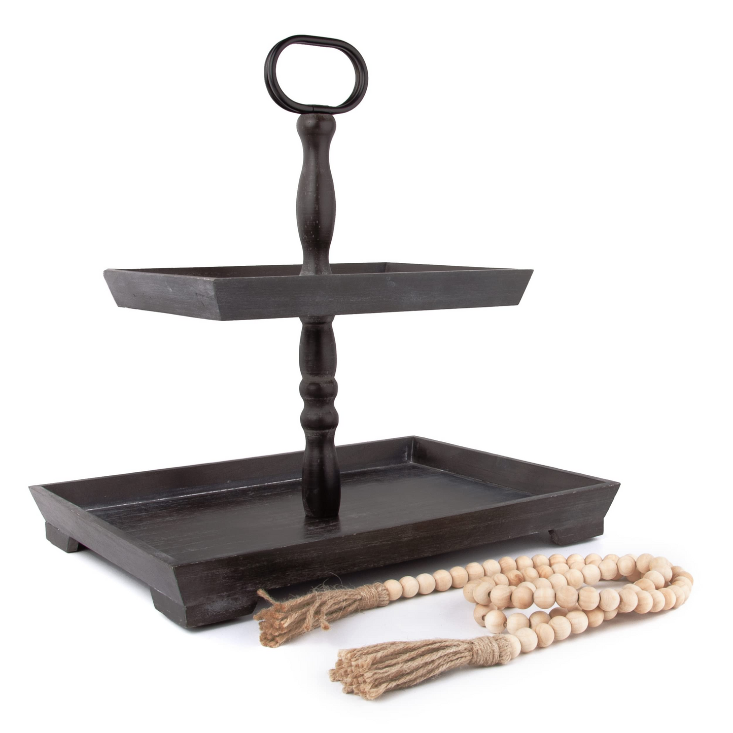 Wooden Tiered Tray Stand, 2 Tier Tray with 58'' Wood Beads Garland