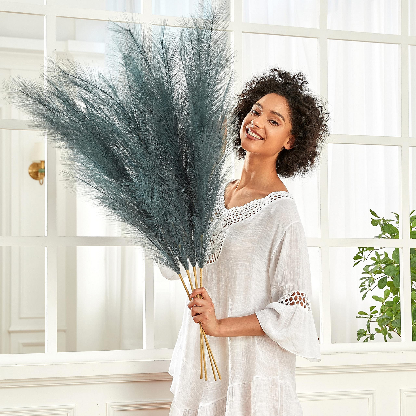 Large Faux Pampas Grass, 3 Pcs, 43'', Smoke Green