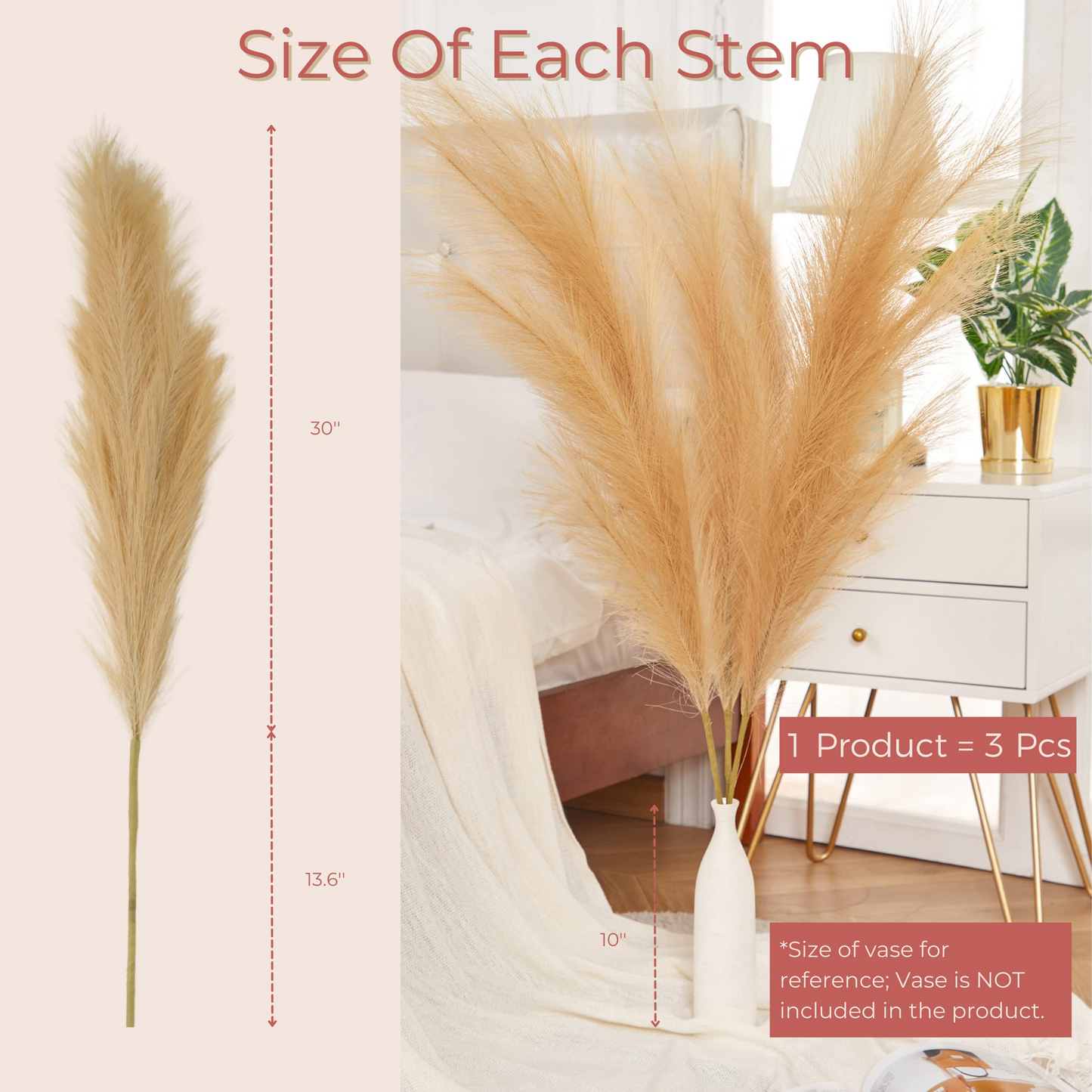 Large Faux Pampas Grass, 3 Pcs, 43'', Taupe Sand