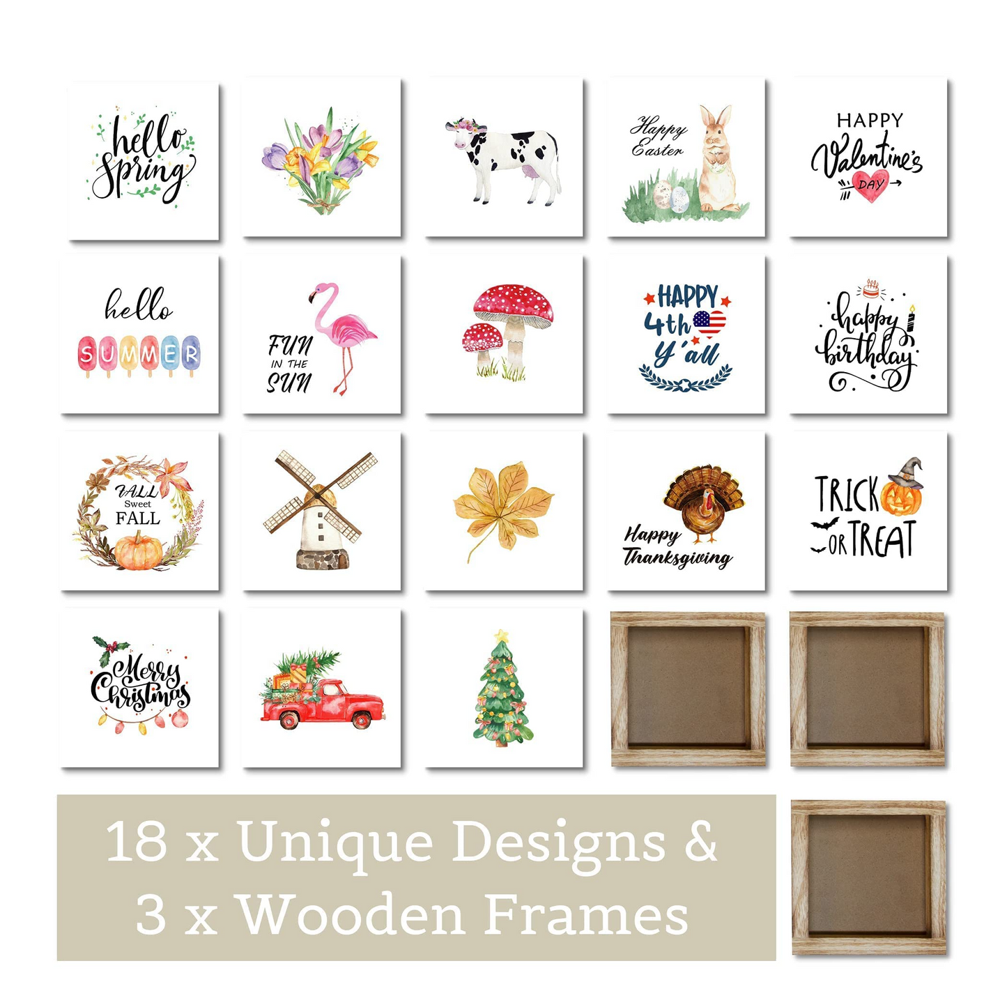 Farmhouse Decor Signs, Set of 3 6"x6" Frames with 18 Interchangeable Signs