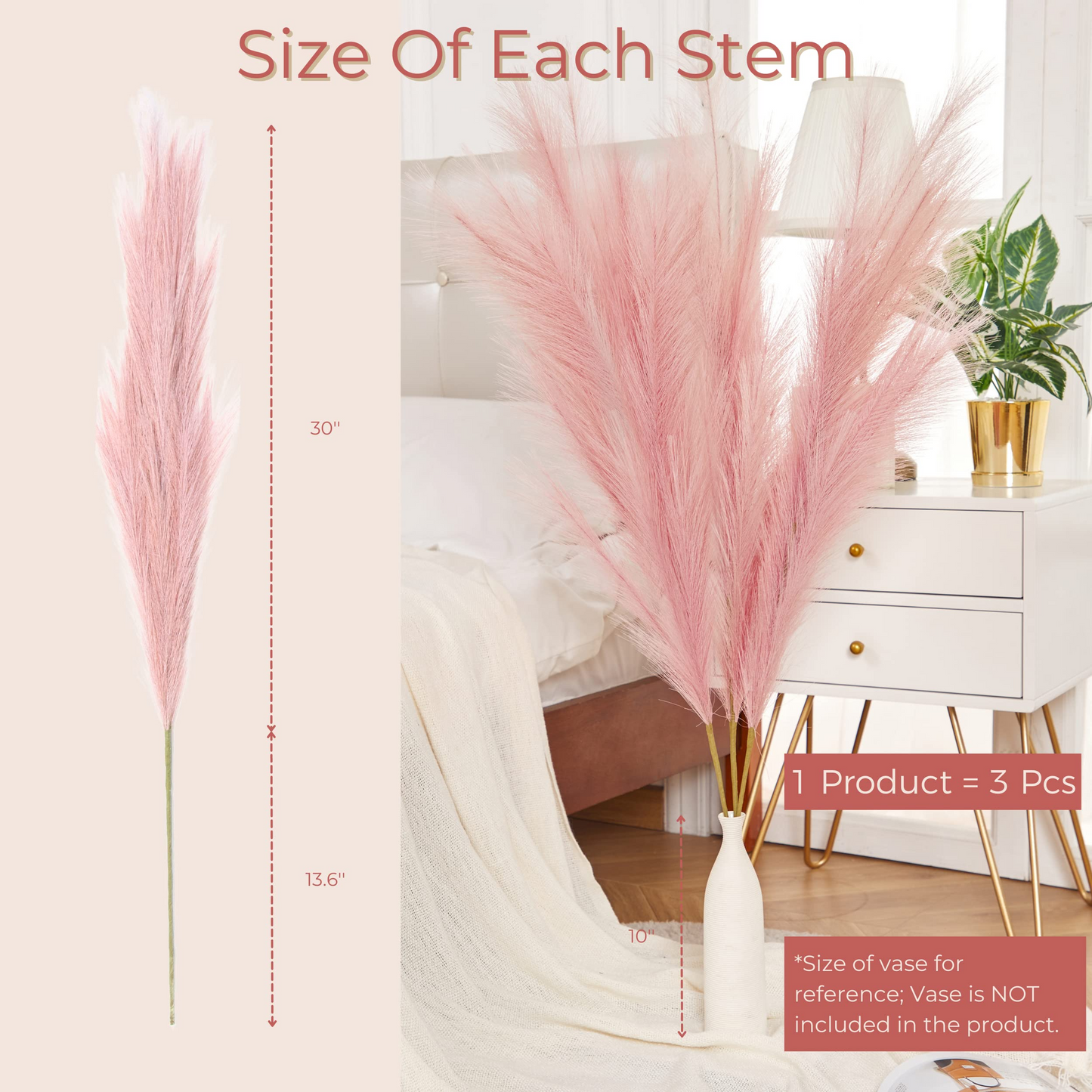 Large Faux Pampas Grass, 3 Pcs, 43'', Dusty Pink