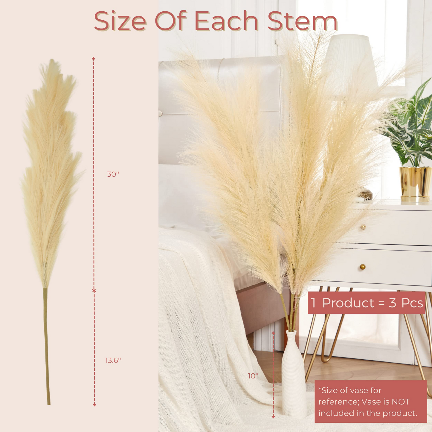 Large Faux Pampas Grass, 3 Pcs, 43'', Beige