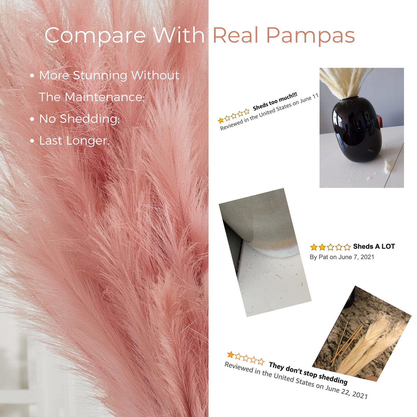 Large Faux Pampas Grass, 3 Pcs, 43'', Dusty Pink