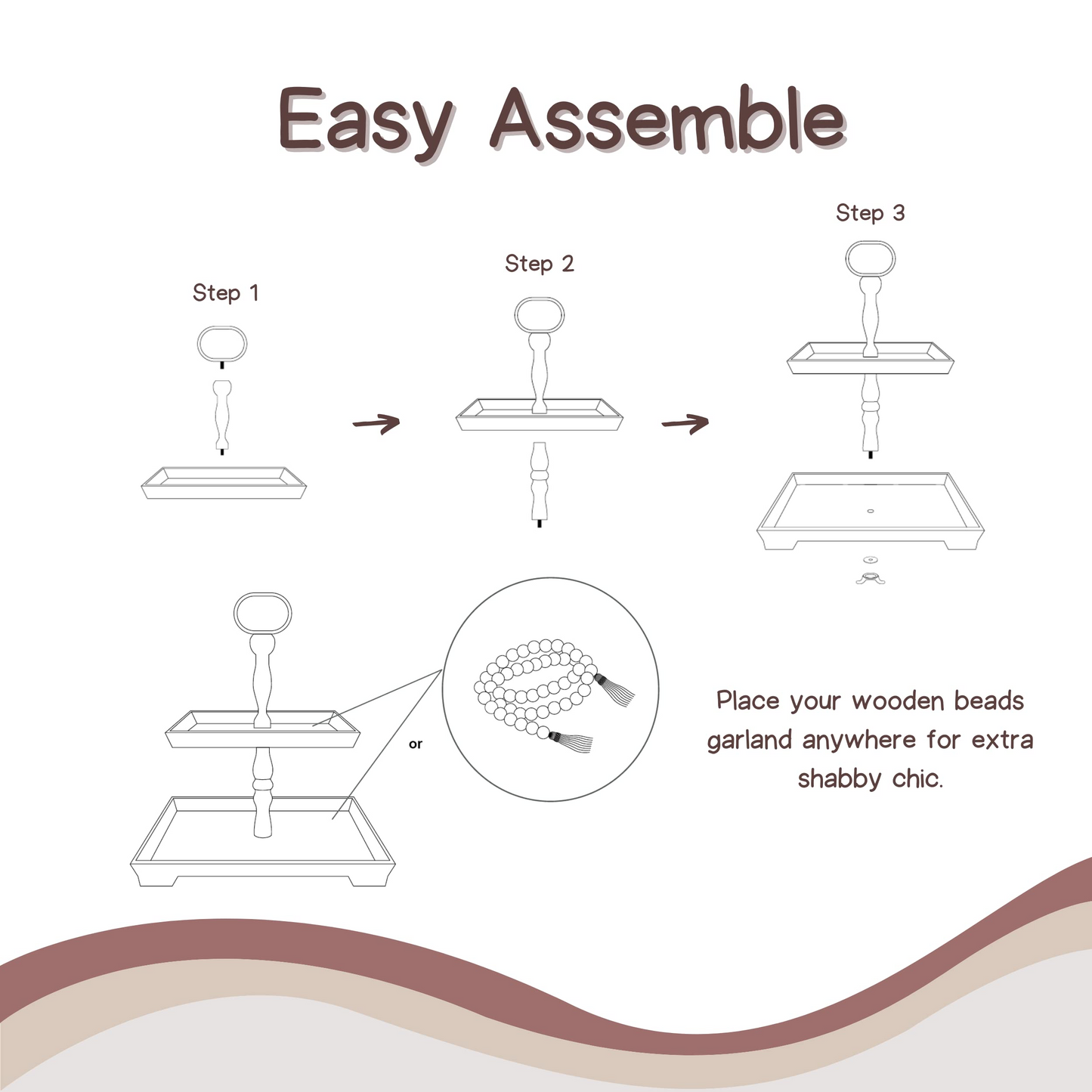 Wooden Tiered Tray Stand, 2 Tier Tray with 58'' Wood Beads Garland